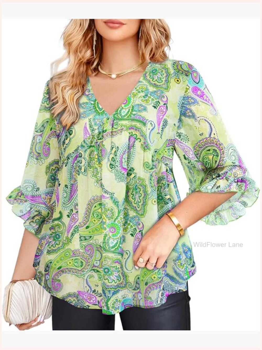 Plus Size Chiffon Blouse 3/4 Ruffle Sleeve V-Neck Dressy Casual Top Tunic